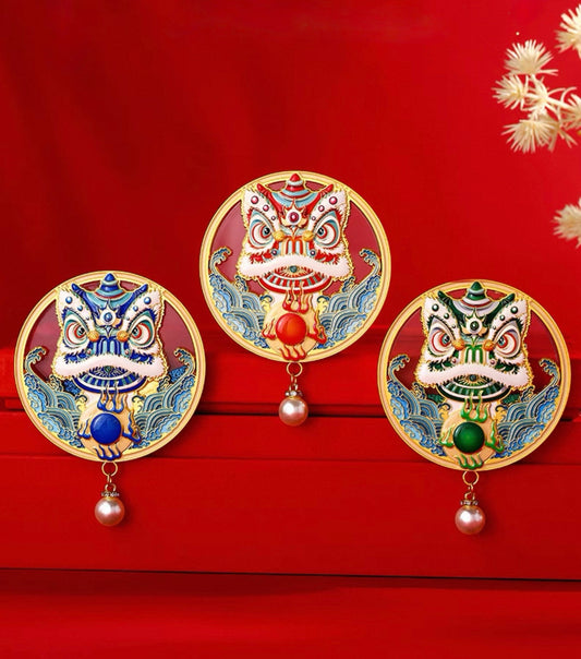 Festive Lions fridge magnet — lion dance figure detail view