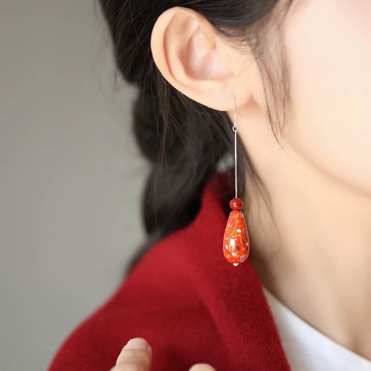 Vermilion Lacquer Drop Earrings | Ancient China Jewelry