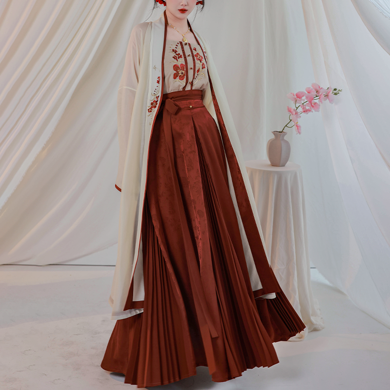 Song Dynasty Modern Hanfu Changgan Temple Beizi and Wrap Skirt - Crimson Cup 赤玉盏 (Preorder)