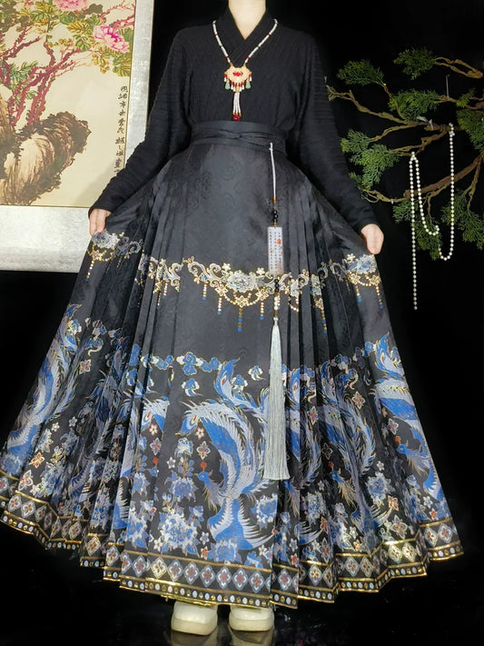Sapphire Phoenix - new Chinese style Ming Dynasty hanfu matching set, detail view