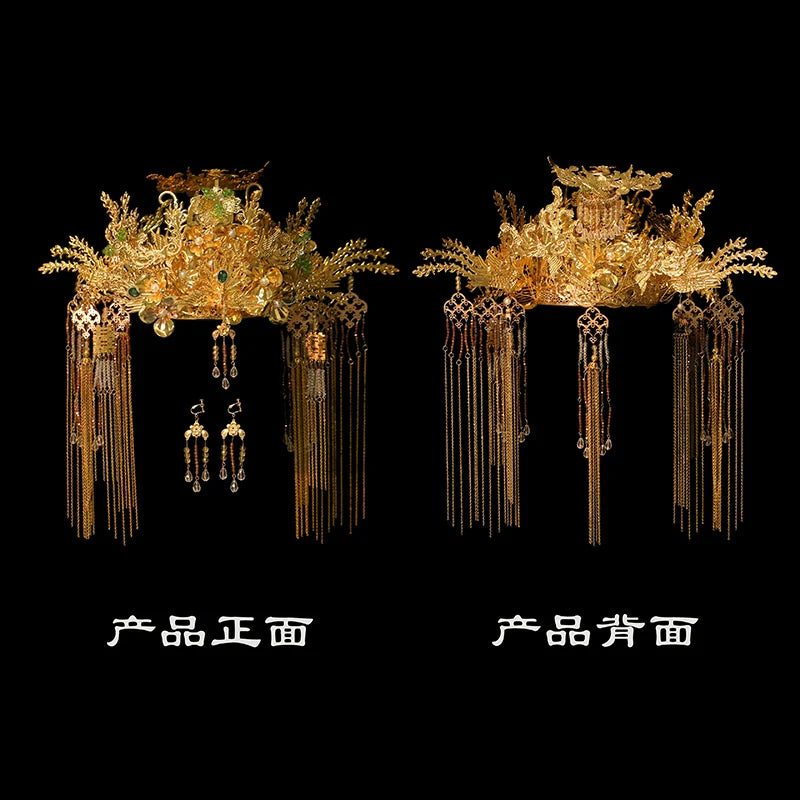 Starlit Phoenix Crown - Gold Bridal Headpiece Chinese Wedding Hair Accessories with Forehead Pendant