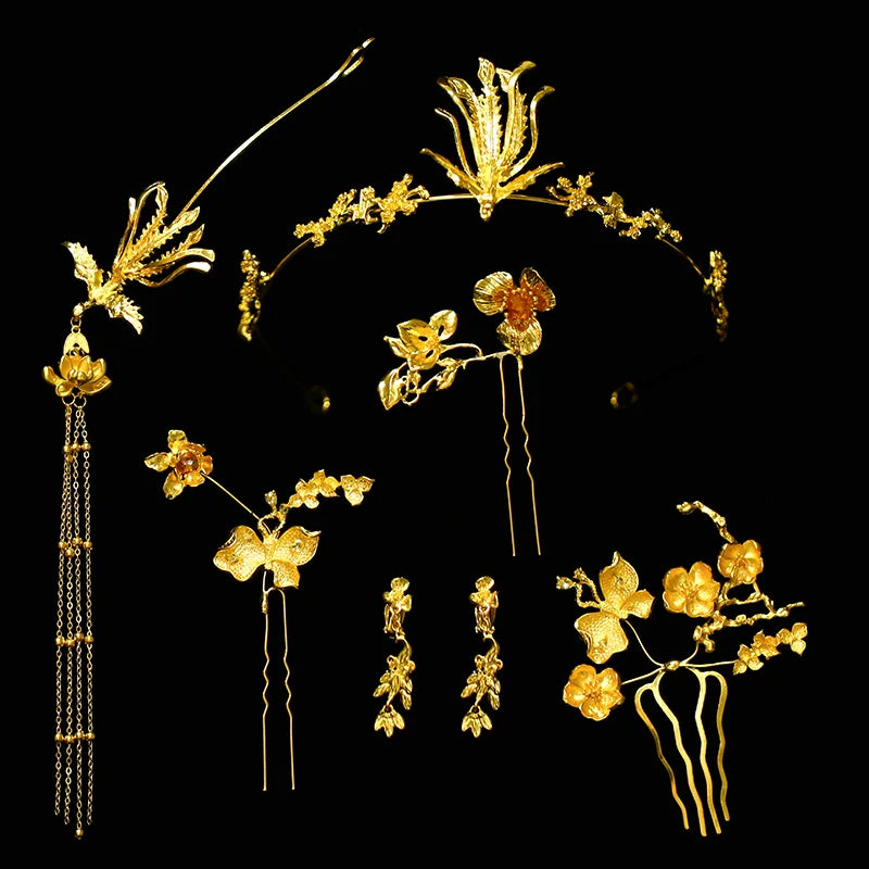 Glimmer of Red Blossoms - Gold Phoenix Bridal Hairband and Hairpin Minimalist Chinese Wedding Accessories