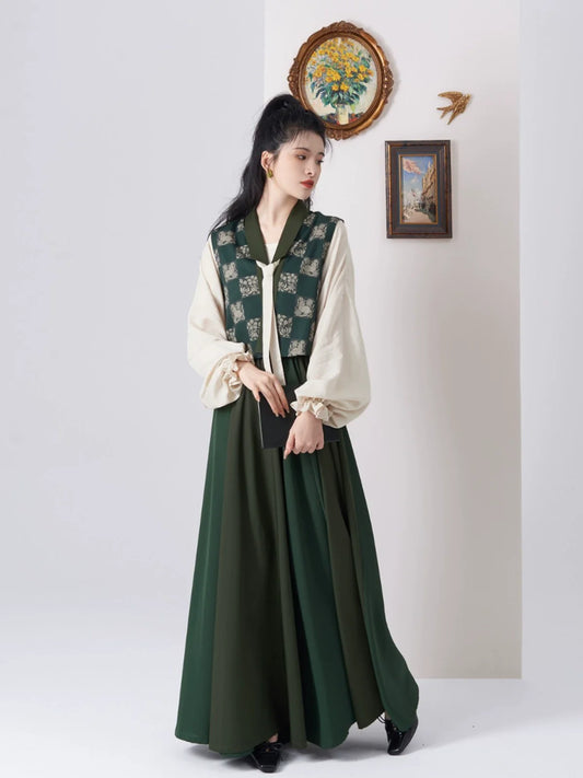 Tang Dynasty Modern Hanfu Set with Beizi Overlay & Flowing Eight-Panel Skirt - Baina 百纳 (Preorder)