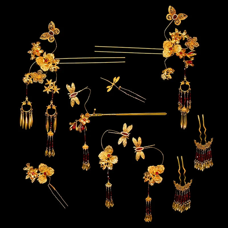 Red and Gold Floral Bridal Hair Accessories Handmade Butterfly and Dragonfly Hairpins for Chinese Wedding Xiuhe Dress