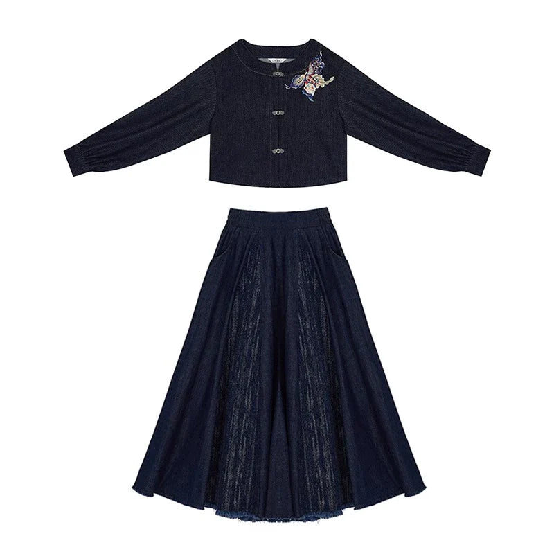 Tang Dynasty Modern Denim Hanfu Round Collar Jacket and Eight Panel Skirt - Canglan 苍岚 (Preorder)