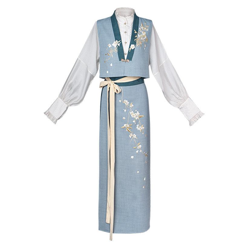 New Chinese Style Long Sleeve Shirt with Spiral Skirt and Embroidered Vest - Pear Blossoms 梨花曲 (Preorder)