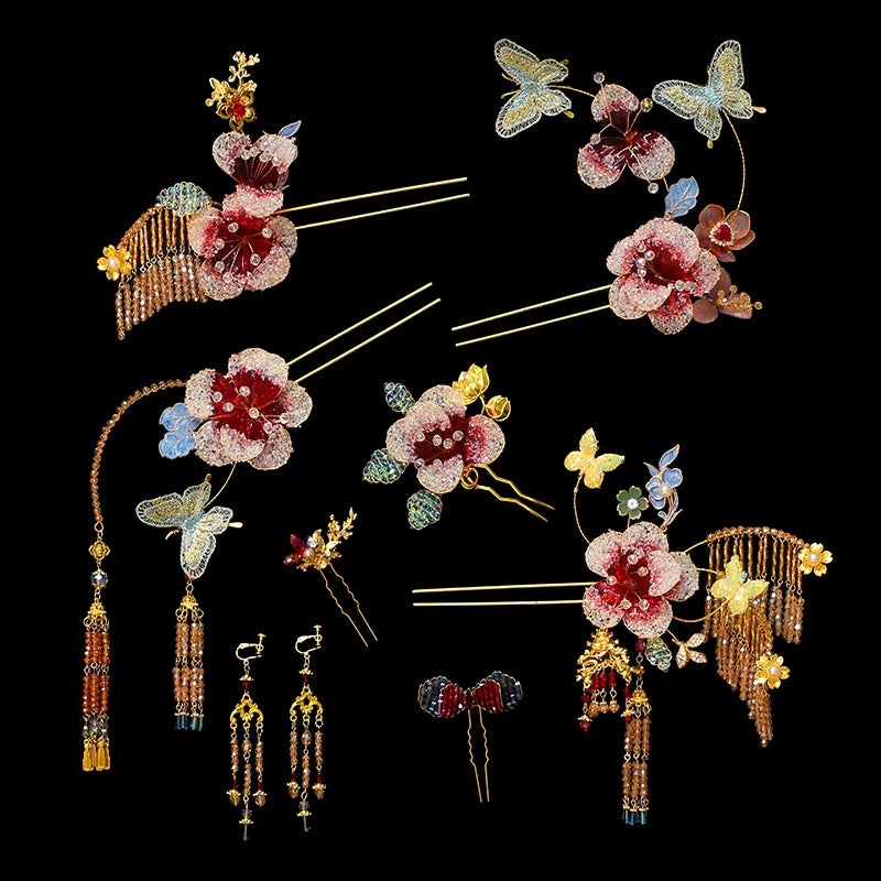 Spark of the Golden Orchid - Gradient Floral Bridal Hair Accessories Light Butterfly Headpiece for Chinese Wedding