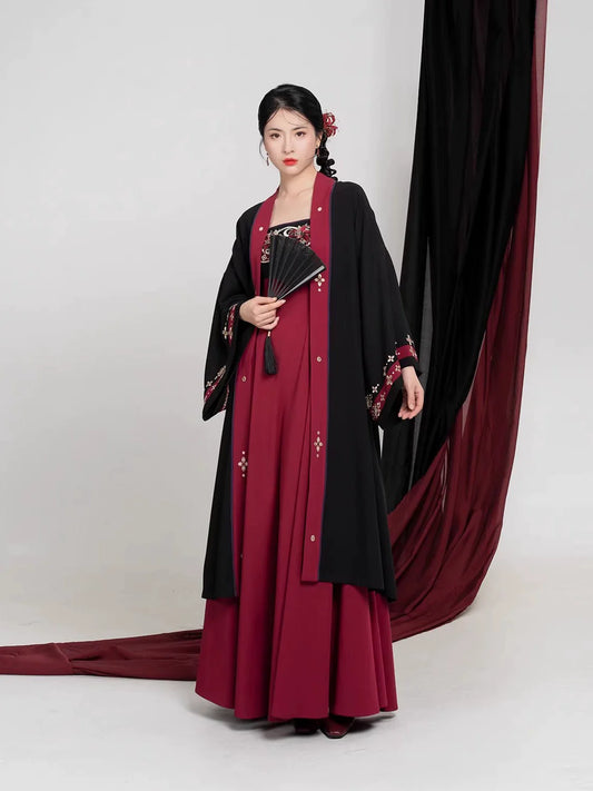 Tang Dynasty Modern Hanfu Set Changgan Temple Beizi and Slip Dress - Crimson Scarlet 绛百合 (Preorder)