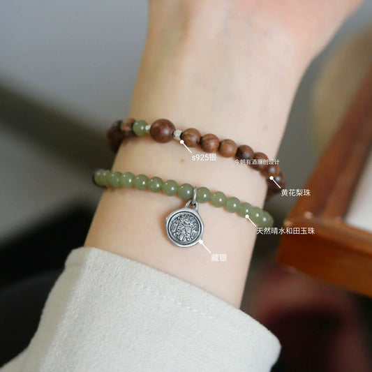 Charming Green Mountains sterling silver Buddha beads bracelet, close-up