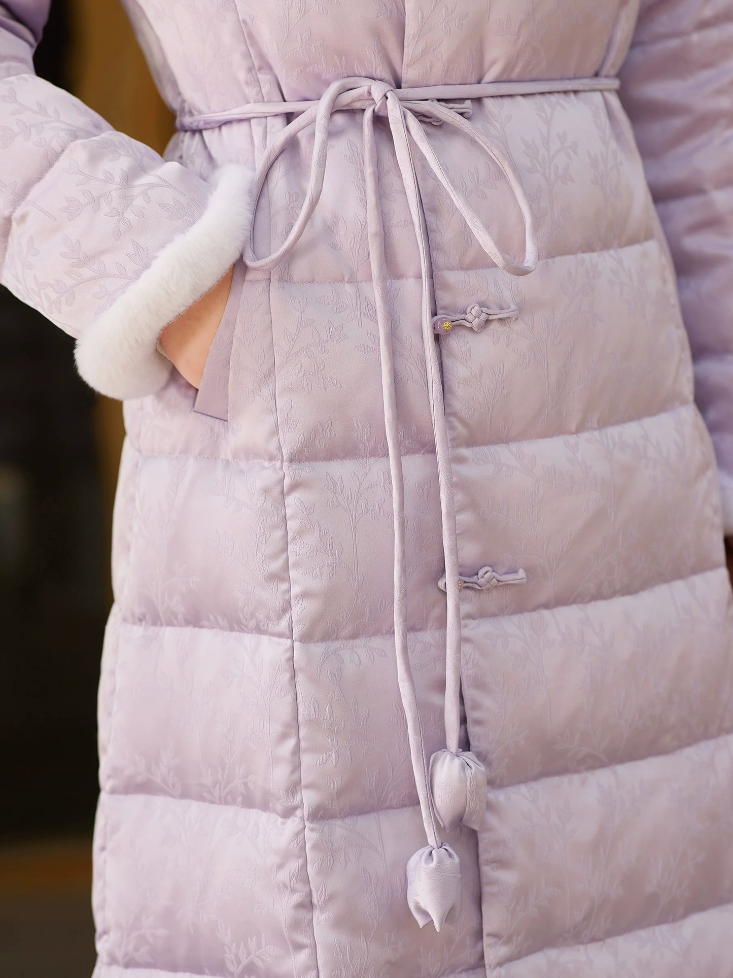 Pavilion Ink 兰亭墨 - Lilac Down Coat for Women with Frog Buttons, Qipao-Inspired Winter Outerwear
