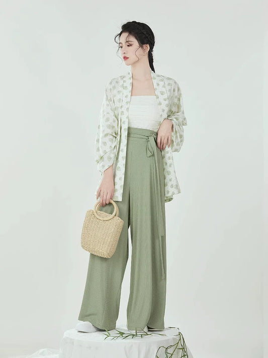 Song Dynasty Modern Hanfu Set with Winged Sleeve Top and Wide Leg Pants - Wrapped Leaves 裹叶 (Preorder)