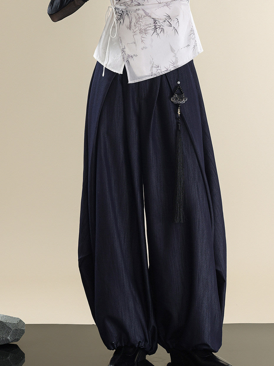 New Chinese Style Asymmetric Mandarin Collar Top & Denim Saber Pants Set