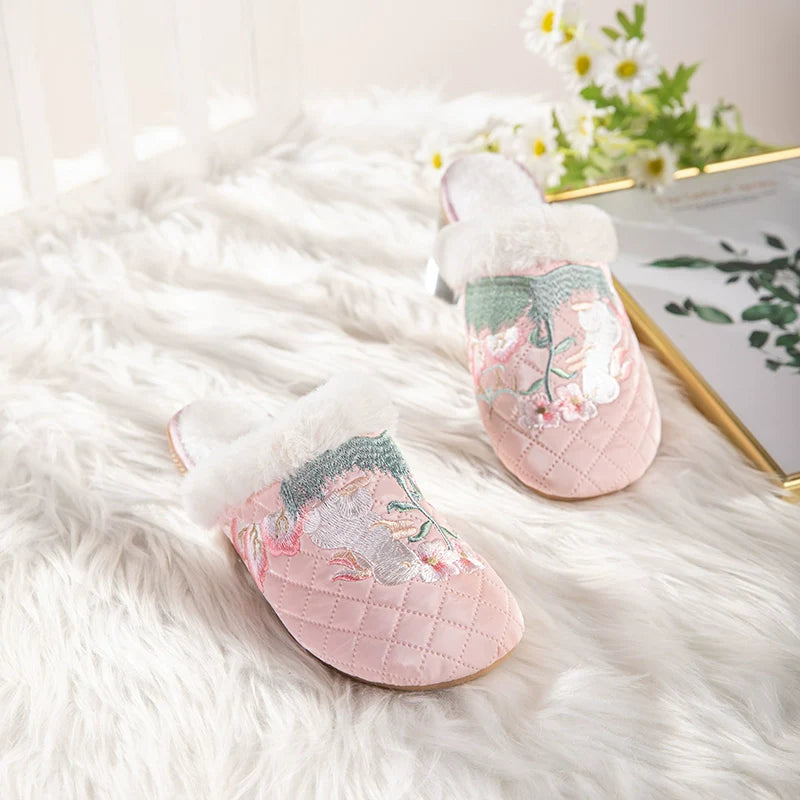 Jasmine - Embroidered Qipao Slip-On Furry Shoes
