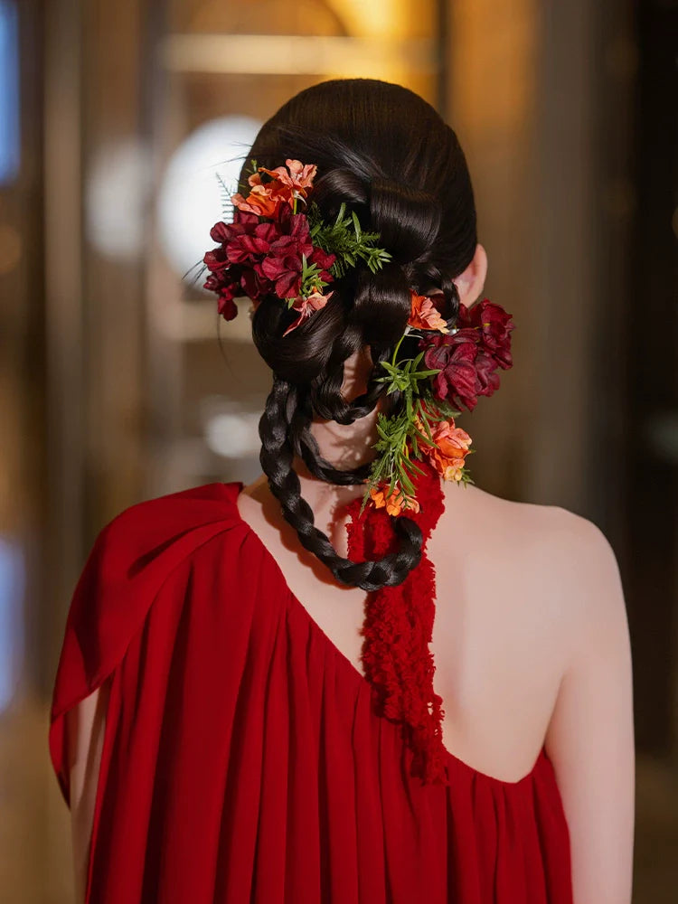 Scarlet Moon - Red Floral Bridal Hair Clips Retro Chinese Wedding Hair Accessories for Qipao and Cheongsam Dress