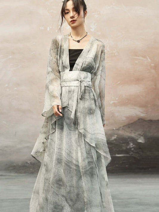 New Chinese Style Light and Breathable Graphite Texture Print Long Cardigan