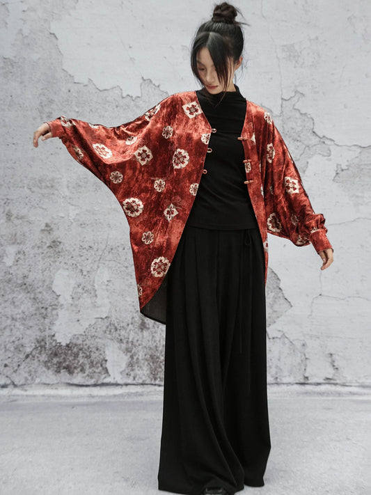 New Chinese Style Autumn Orange Red Print Loose Bat Sleeve Velvet Jacket