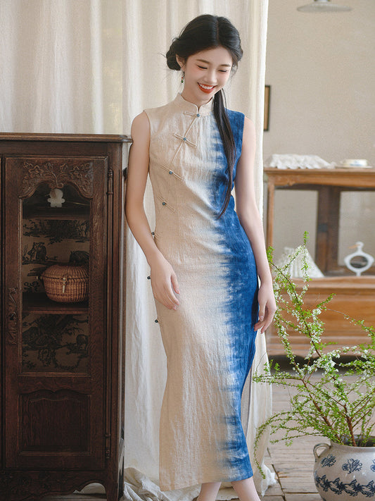 Sandy sleeveless gradient dye long cheongsam qipao — detail view