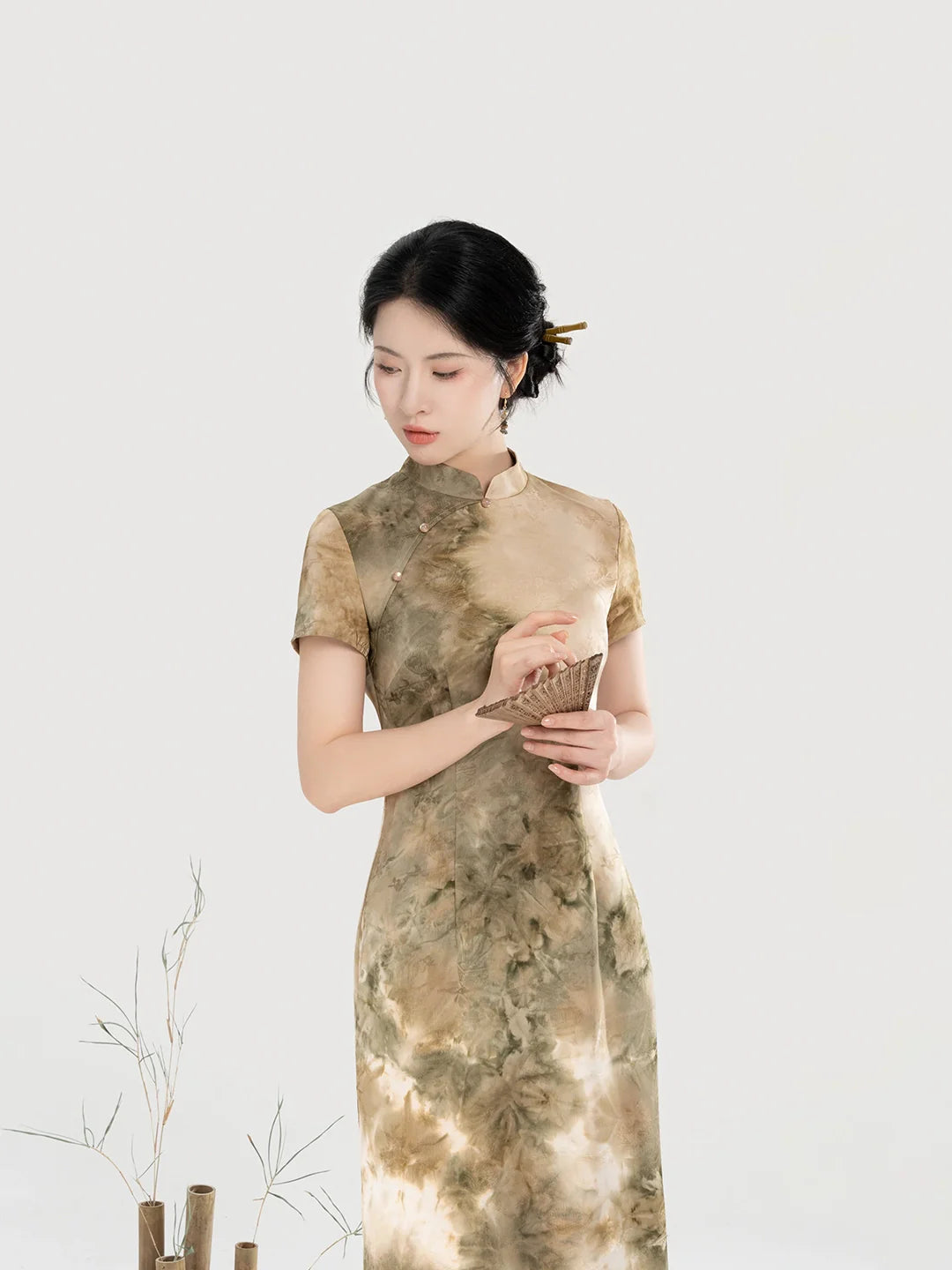 New Chinese Style Short Sleeve Qipao Jacquard Tie-Dye Summer Dress - Misty Green Hills 青山雾 (Preorder)
