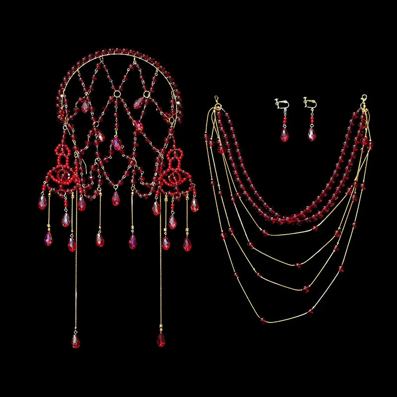Blossoms in Red Veil - Exotic Dunhuang Bridal Hair Accessories Set Tassel Forehead Pendant Wedding Headpiece