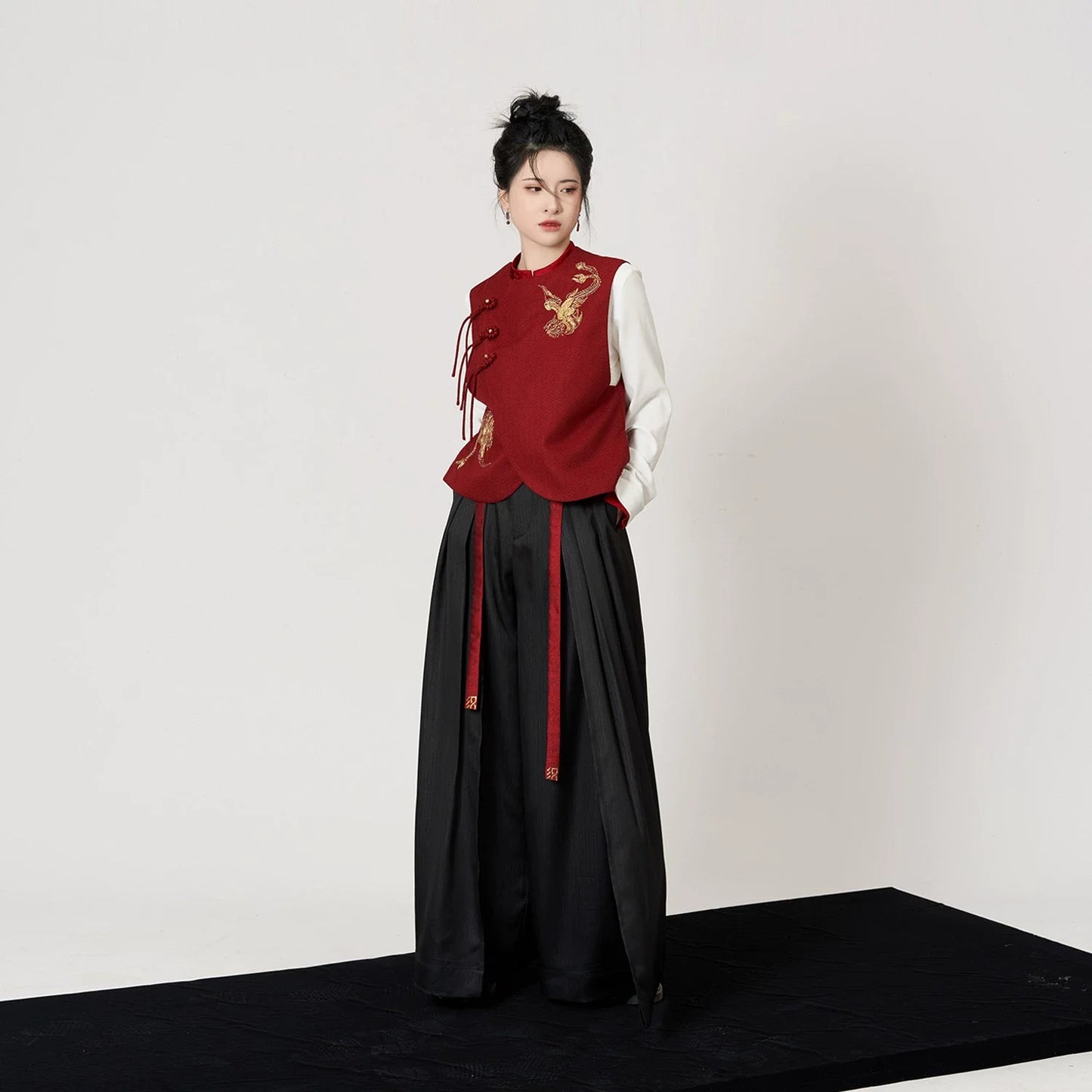 New Chinese Style Women Gold Thread Embroidered Vest, Top & Wide Leg Pants - Firefinch 火雀 (Preorder)