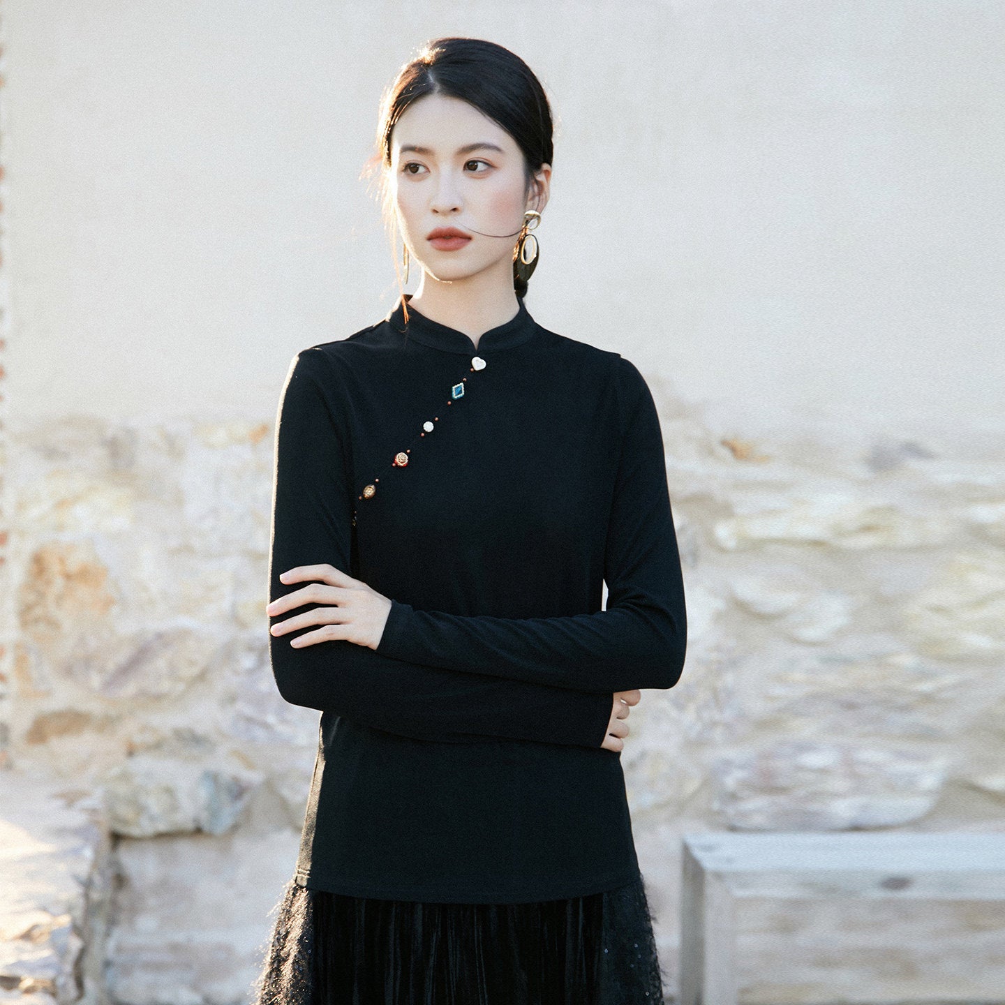 New Chinese Style Women Satin Shimmer Top - Ruoyan 若烟
