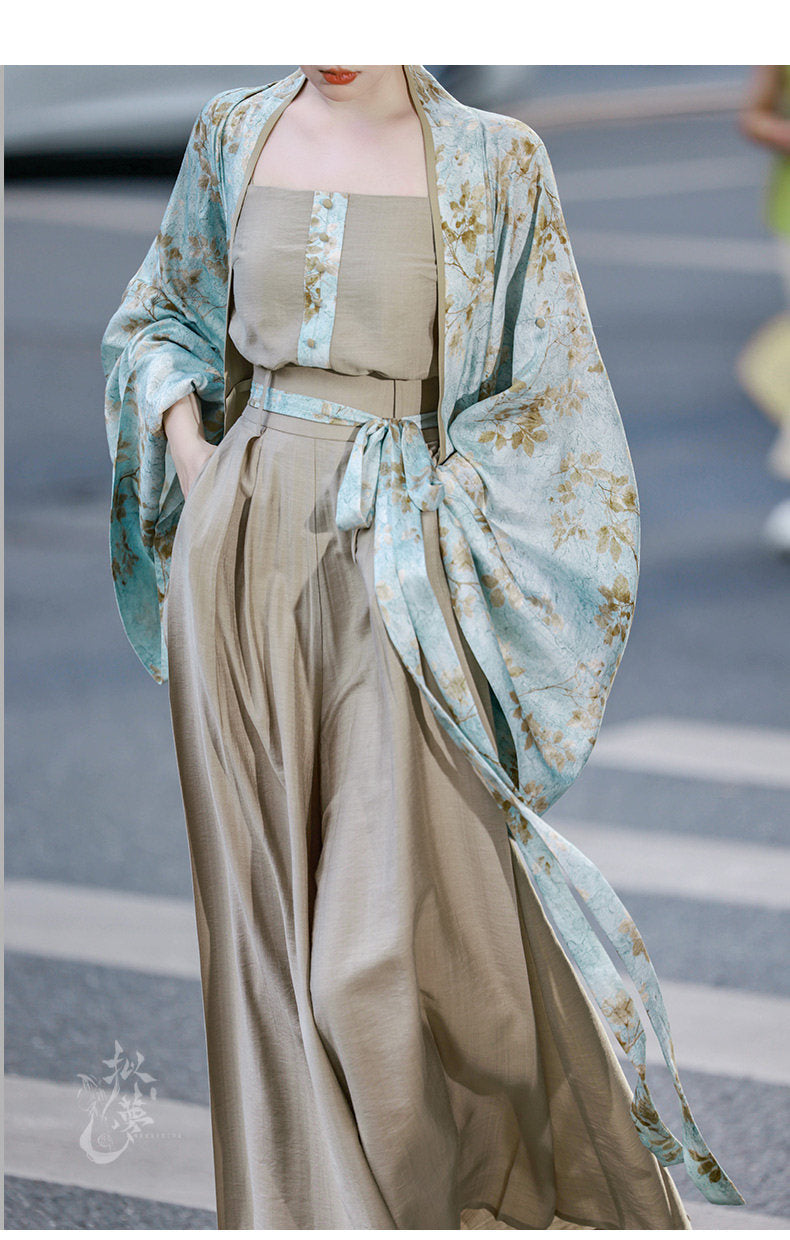 Modern Hanfu Outfit Retro Commuting Set with Cardigan, Camisole & Song-Style Pants - Huaqing 花青 (Preorder)