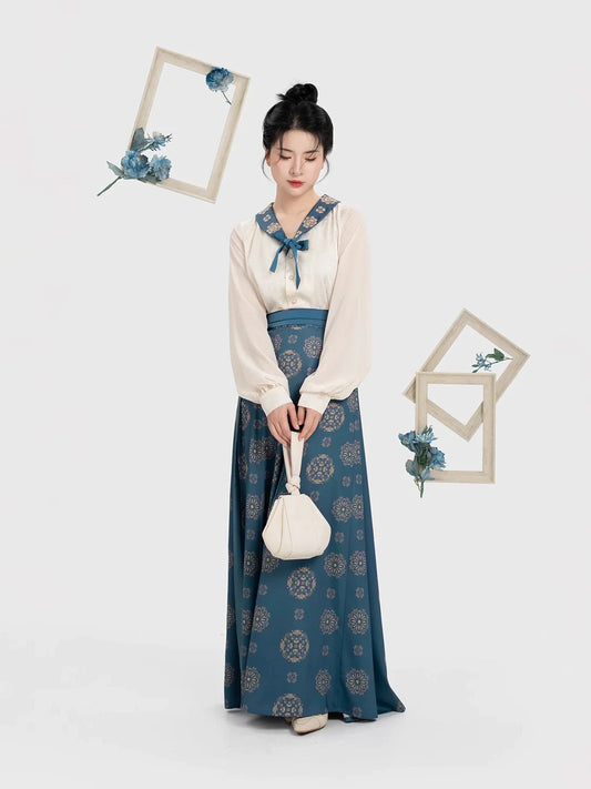 Tang Dynasty Modern Hanfu Set with Beizi Overlay & Flowing Nine-Panel Skirt - Dailan 黛蓝 (Preorder)