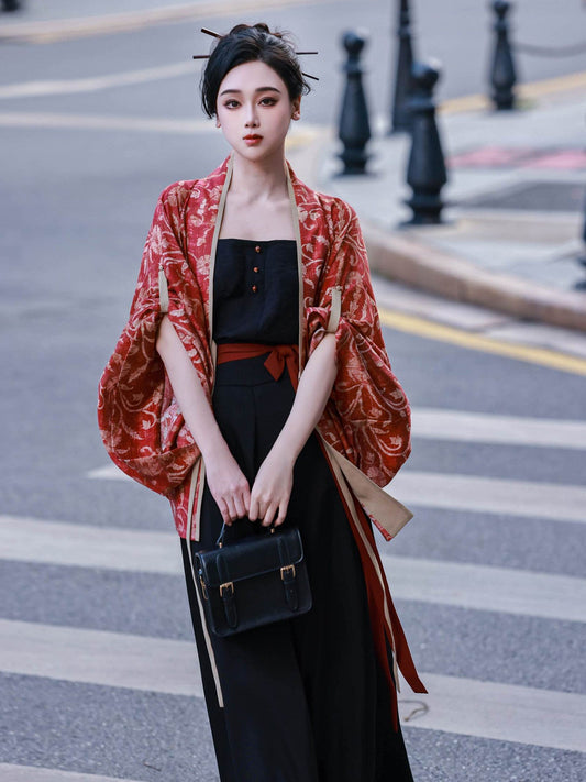 Modern Chinese Style Hanfu Outfit Cardigan & Camisole with Song-Style Trousers - Vermilion Bird 朱雀 (Preorder)