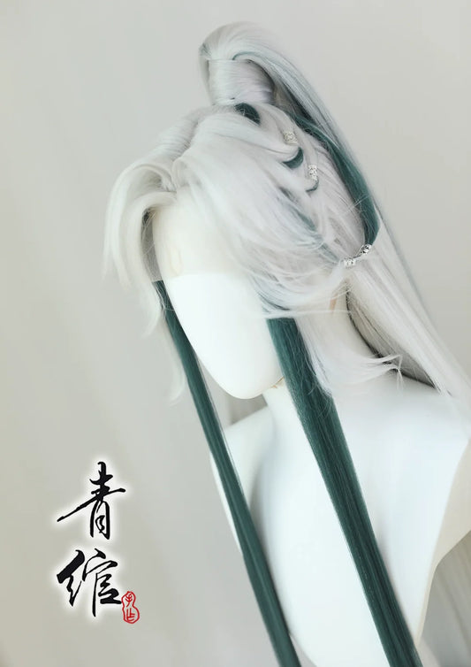Peacock King hanfu cosplay hair wig — detail view