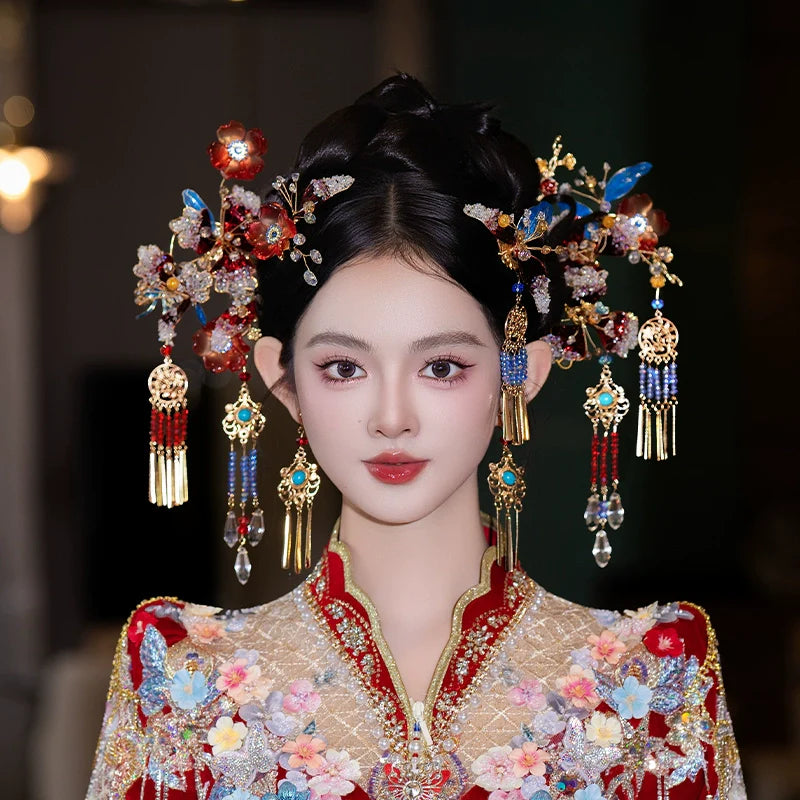 Unique Red and Blue Bloom - Bridal Hair Accessories Chinese Wedding Headpiece for Hanfu and Xiuhe Dress