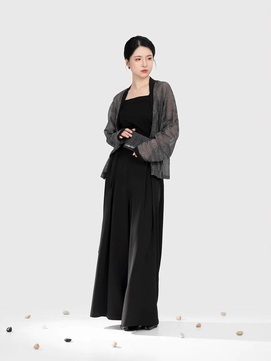 Song Dynasty Modern Hanfu Set with Bijia, Winged Sleeve Top and Wide Leg Pants - Crow Commands 乌翎 (Preorder)