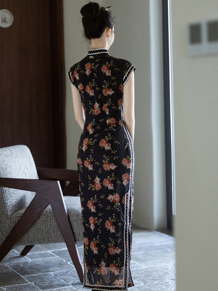 Short Sleeve Floral Long Cheongsam | Yingshan