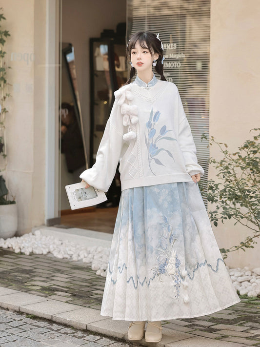 Ming Dynasty Modern Hanfu Sweater and Mamianqun - With Rabbits 与兔兔