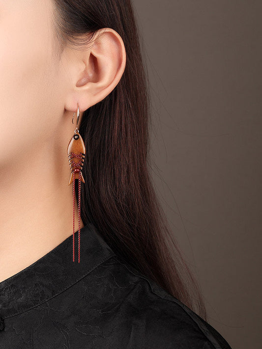 Wooden Fish Dangling Earrings qipao jewelry - close-up detail