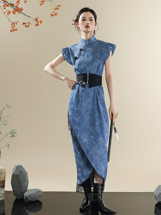 Blue tie-dye modern qipao dress with mandarin collar and tassel — side profile