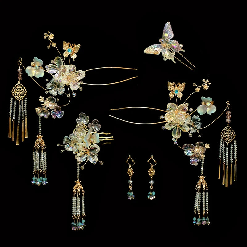 Frosted Orchid Glow - Blue Butterfly Bridal Hairpin Glass Flower Tassel Chinese Wedding Hair Accessories for Xiuhe Dress
