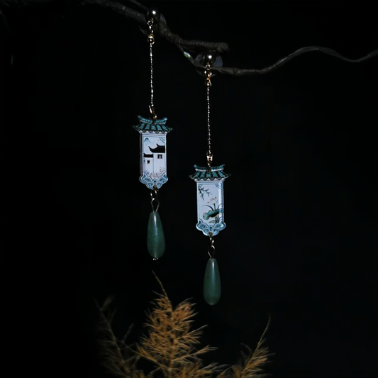 Chinese Cottage Earrings - hanfu jewelry accessory, detail view