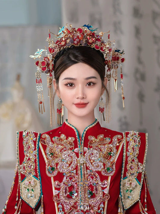 Twilight Azure - Red and Blue Phoenix Crown Bridal Headpiece Handmade Tassel Chinese Wedding Hair Accessories for Hanfu Bride