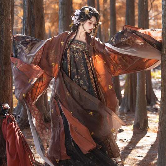 Pipa Lady | Late Tang Dynasty Qixiong Ruqun Hanfu Set with Grand Sleeve Robe