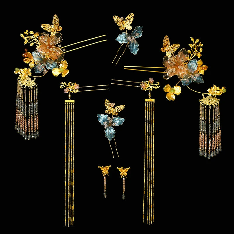 Enchanted Lotus Bloom - Blue and Gold Floral Tassel Bridal Hairpin Fairy-Style Chinese Wedding Accessories