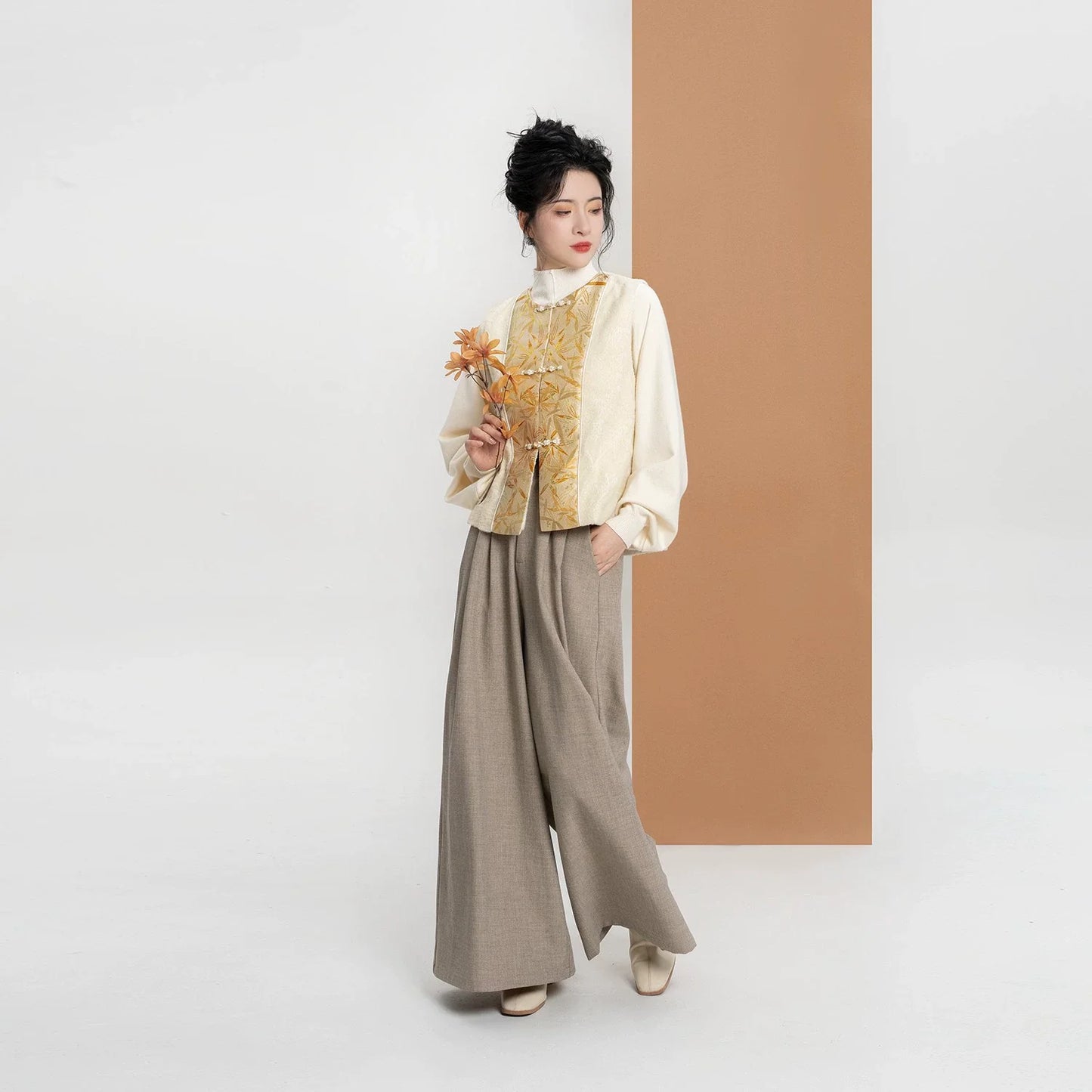 New Chinese Style Bamboo Motif Brocade Vest, Sweater & Tailored Wide Leg Pants - Golden Bamboo Branch 金枝竹 (Preorder)