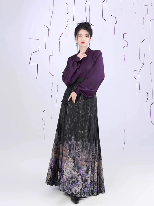 Cyber Kirin Chinese Blouse & Mamian Skirt Outfit - modern Ming-inspired hanfu, detail view
