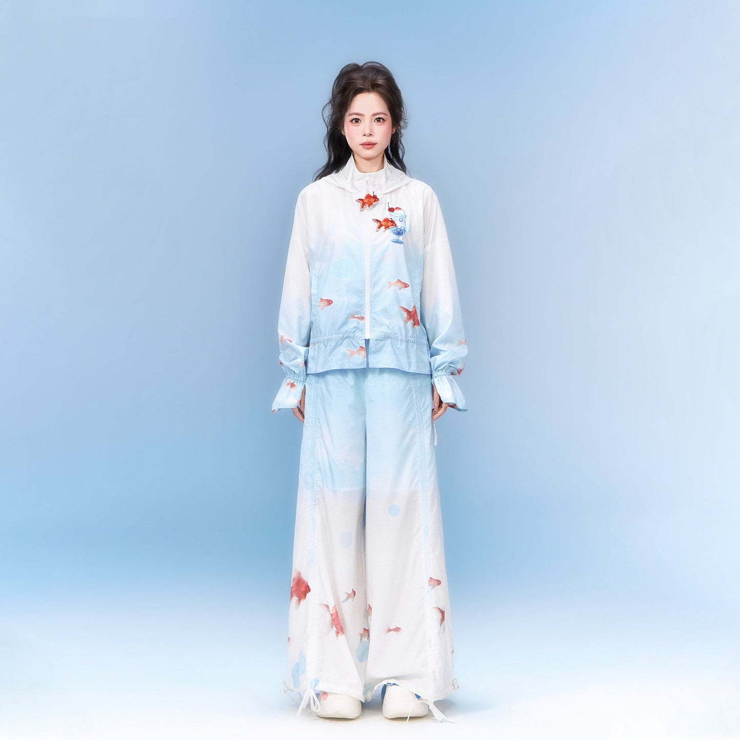 Neo-Chinese Goldfish Print Hooded Sun Jacket & Wide-Leg Pants 金鱼冰沙