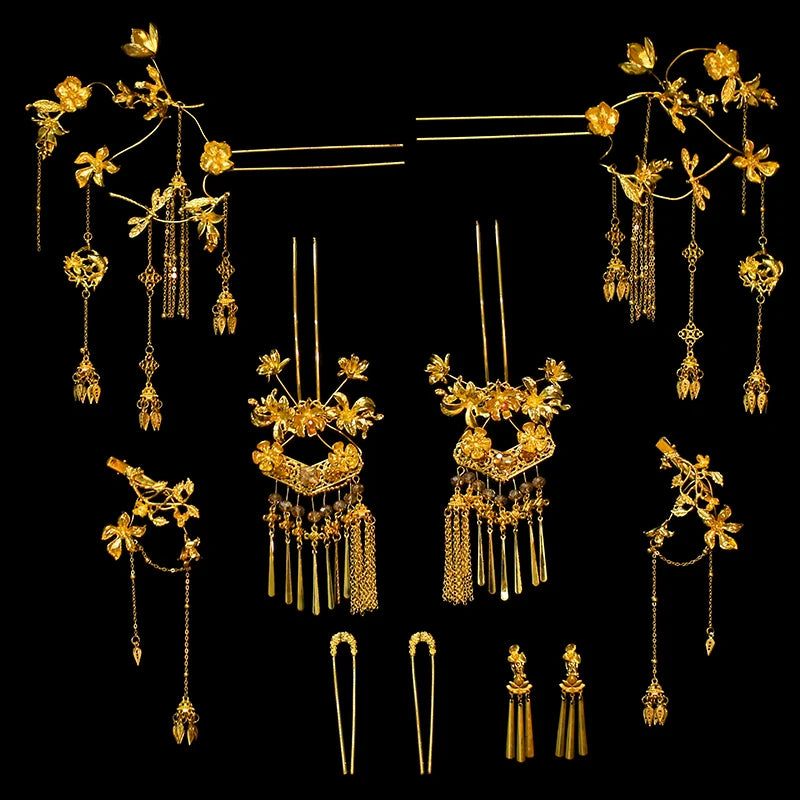 Sparkle - Chinese Bridal Hair Accessories Vintage Gold Tassel Flower Hairpins for Xiuhe and Dragon Phoenix Wedding Dress