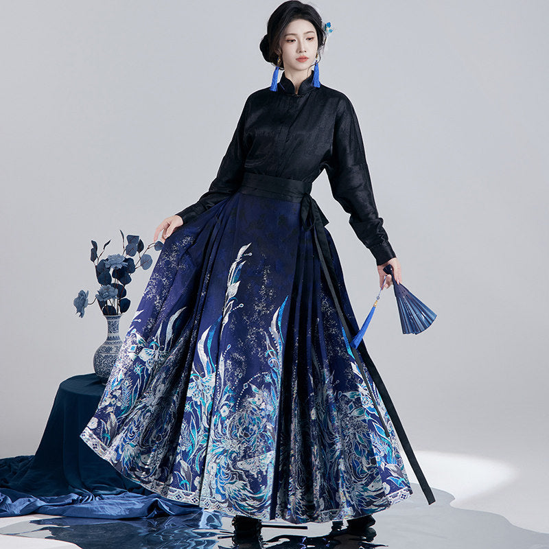 Ming Dynasty Modern Hanfu Long Sleeve Top and Mamian Skirt - Sparkling Jade 好多翠