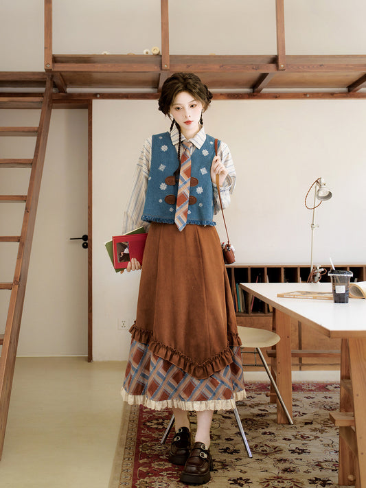 New Chinese Style Long Sleeve Top and Elastic Skirt with Pockets - Sea Salt Mocha 海盐摩卡