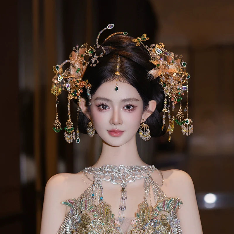 Champagne Bridal Hair Accessories Exquisite Forehead Pendant Headpiece for Chinese Wedding Xiuhe and Hanfu Bride