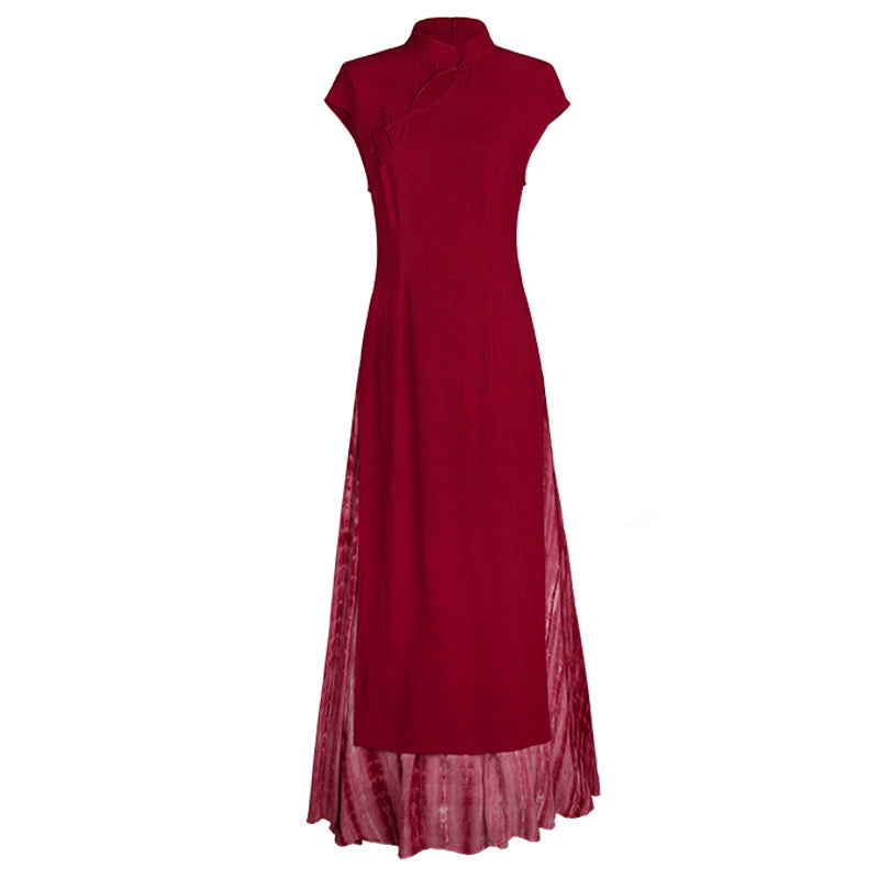 Qipao Style Slit Ao Dai Tie-Dye Dress - Crimson 绯色 (Preorder)