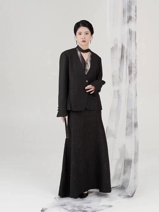 New Chinese Style Women Tailored Blazer Coat, Long Sleeve Shirt & Gold Button Mermaid Skirt - Jiangpu 江浦 (Preorder)