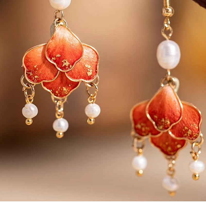 Scarlet Tassel Velvet Flowers Earrings | Hanfu Jewelry